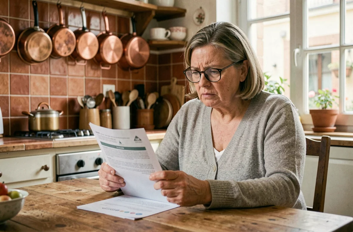Femme consultant son contrat d'assurance habitation à la table de sa cuisine