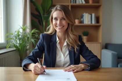 Femme en blazer bleu examine un contrat de location dans un appartement parisien