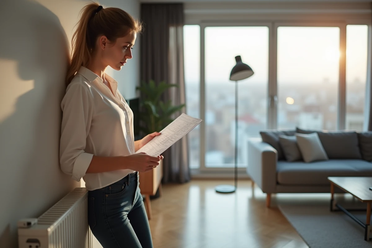 Jeune femme examinant un radiateur électrique dans son appartement