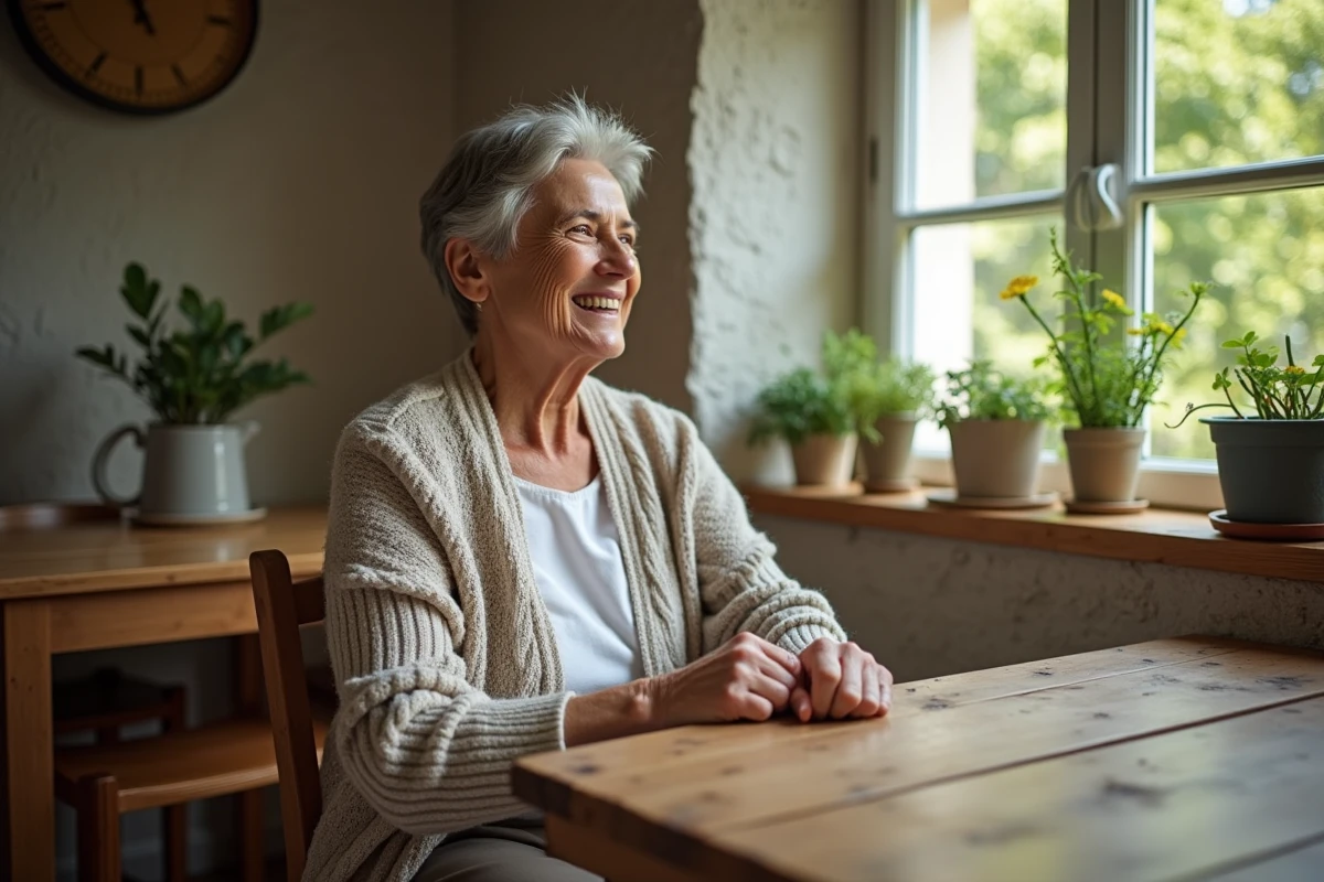 Femme assise à la table dans une maison chaleureuse