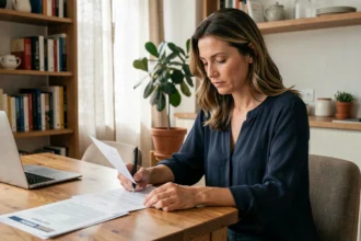 Femme consultant un devis d'assurance habitation à la Banque postale à son bureau dans un appartement moderne