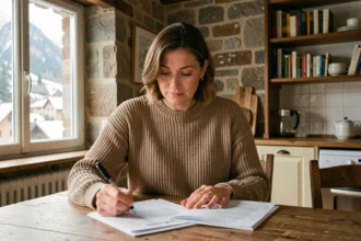 Femme consultant des documents d'assurance habitation dans un appartement à Annecy avec vue sur les montagnes