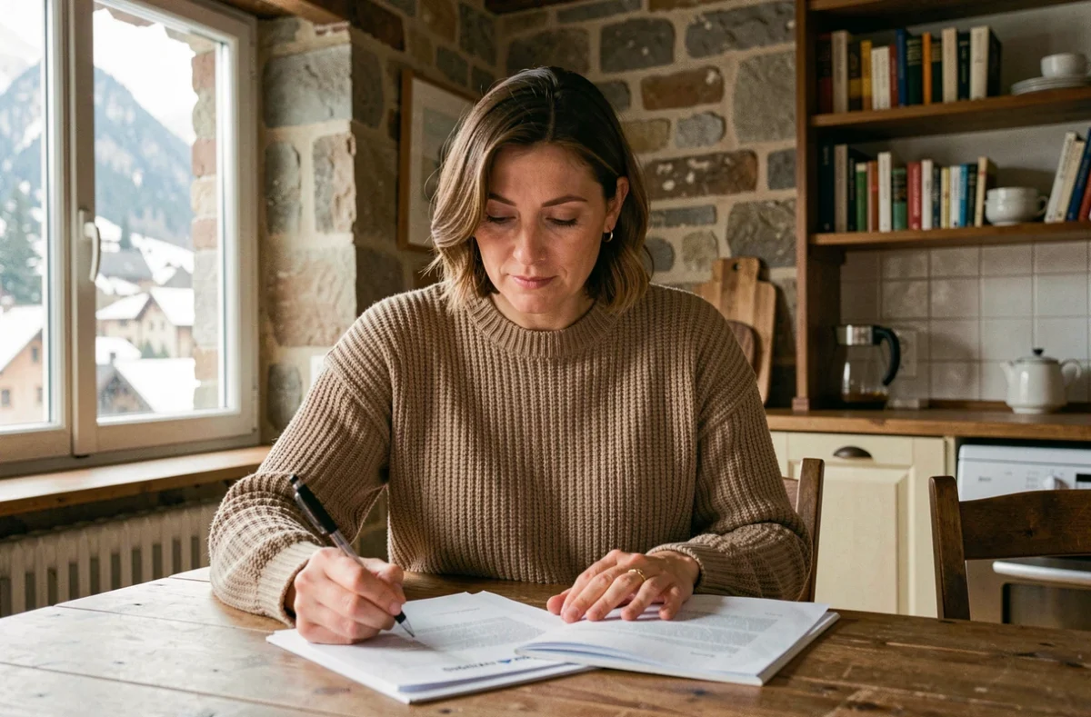 Femme consultant des documents d'assurance habitation dans un appartement à Annecy avec vue sur les montagnes