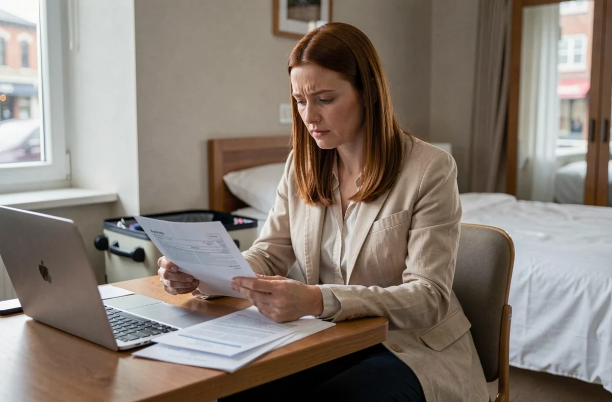 Femme consultant des documents d'assurance habitation dans une chambre d'hôtel lors d'un relogement temporaire pendant des travaux