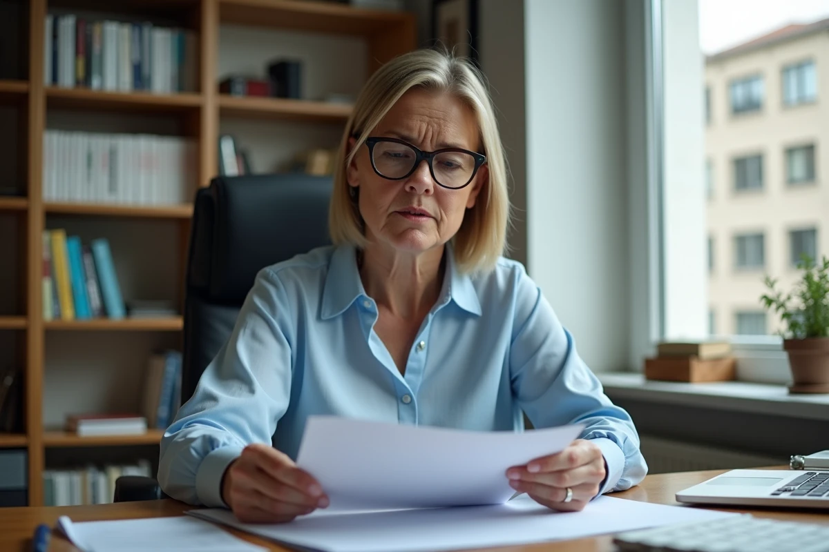 Femme consultant des documents officiels d'attribution de logement social à son bureau