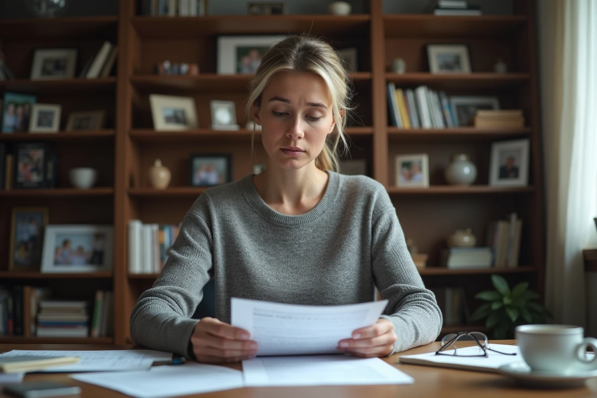 Femme seule examinant des documents d'héritage immobilier à son bureau à domicile avec une expression préoccupée