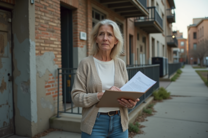 Femme d'âge moyen tenant un dossier de logement devant un immeuble en délabrement