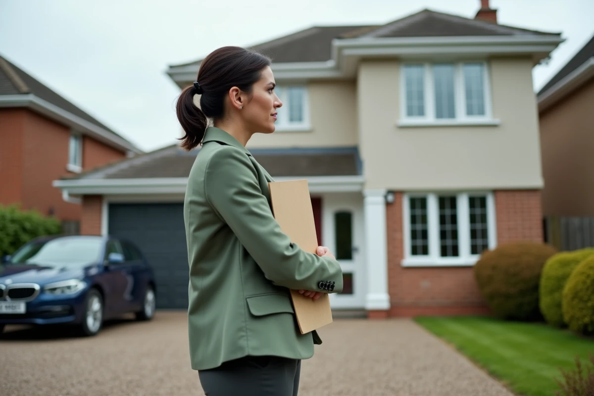 Femme tenant un dossier administratif devant une maison rénovée, illustrant la démarche pour régulariser une DAACT non déposée