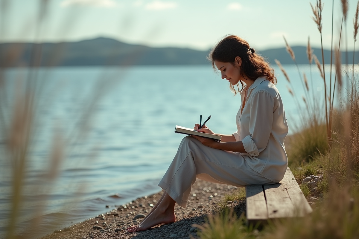 Femme écrivant dans un journal au bord du lac calme