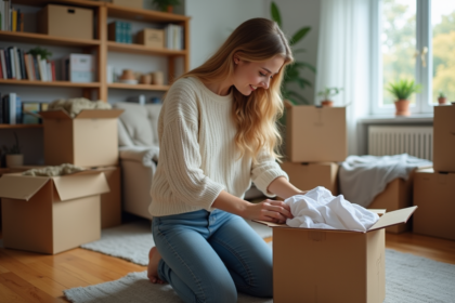 Femme ployant des vêtements dans un appartement lumineux
