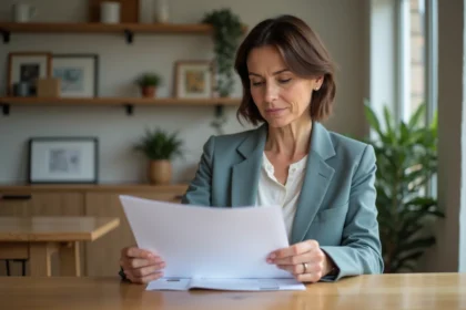 Femme d'âge moyen examinant des documents immobiliers dans un intérieur chaleureux