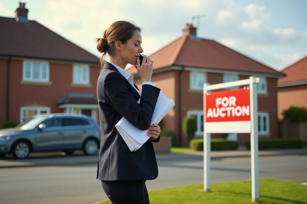 Jeune femme professionnelle parlant au téléphone devant une maison