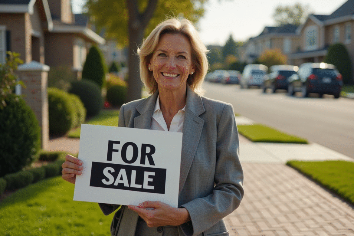 Femme d'affaires avec panneau vente devant maison