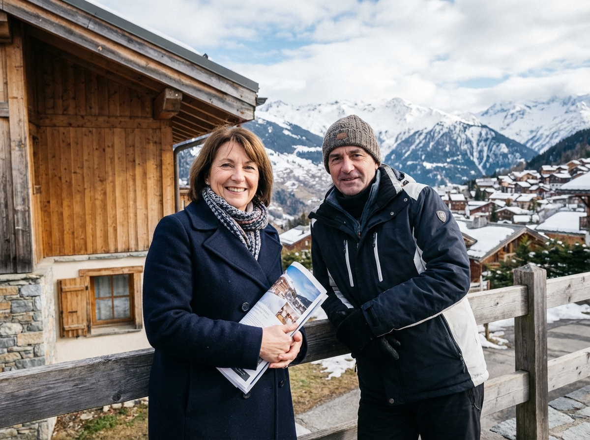 Femme souriante avec brochures immobilières devant chalet alpin