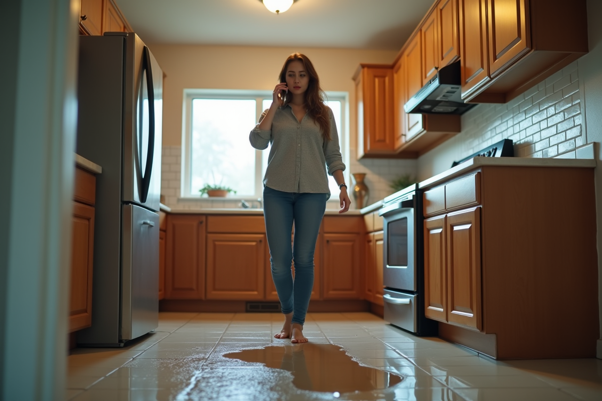 Femme inquiète face à une inondation dans sa cuisine