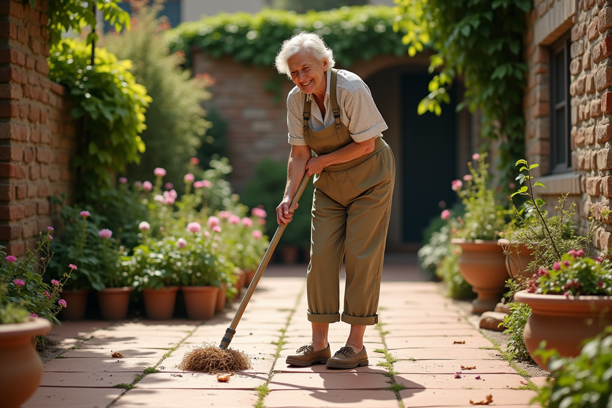 Femme âgée nettoyant des tuiles en terrasse ensoleillée