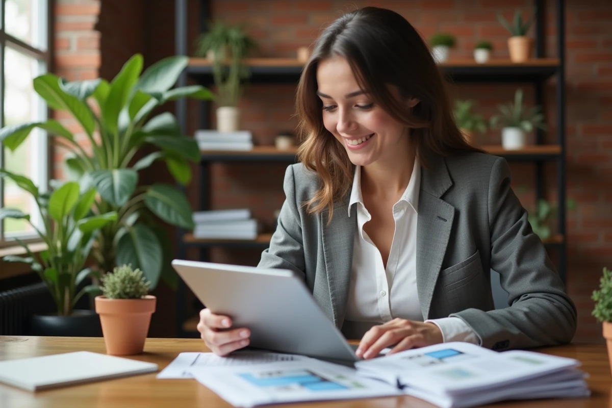 Femme en bureau consulte annonces immobilières