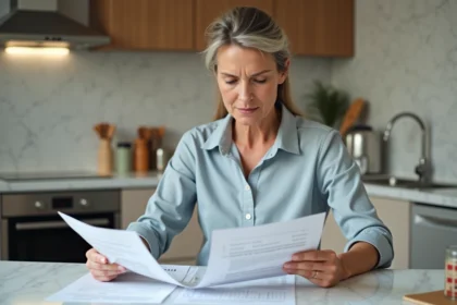 Femme lisant des diagnostics immobiliers dans la cuisine