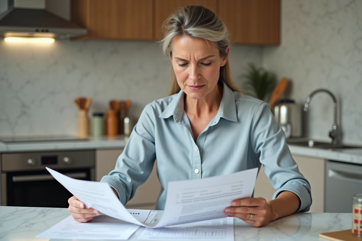 Femme lisant des diagnostics immobiliers dans la cuisine