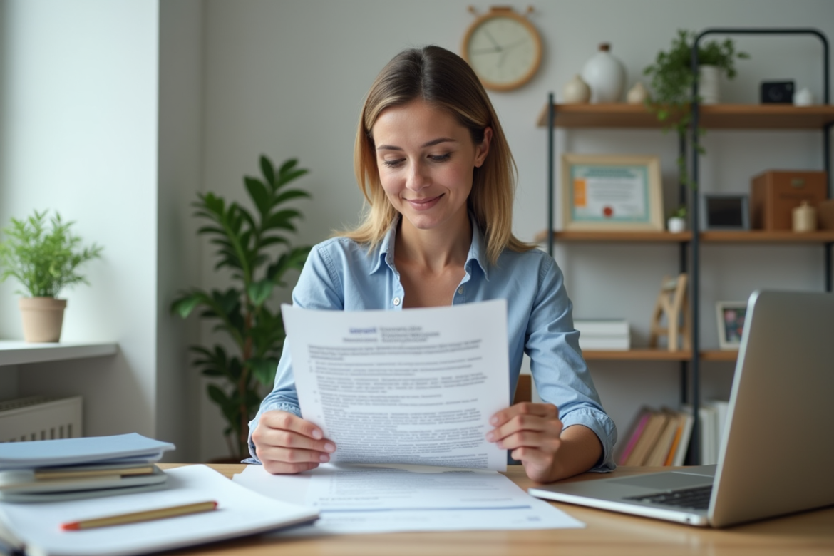 Femme lisant un document administratif français dans un bureau moderne