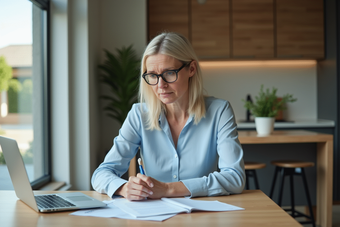 Femme lisant des documents de prêt immobilier à la maison