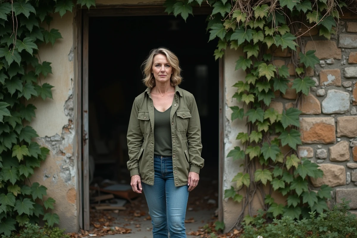 Femme en jeans et veste devant maison abandonnée
