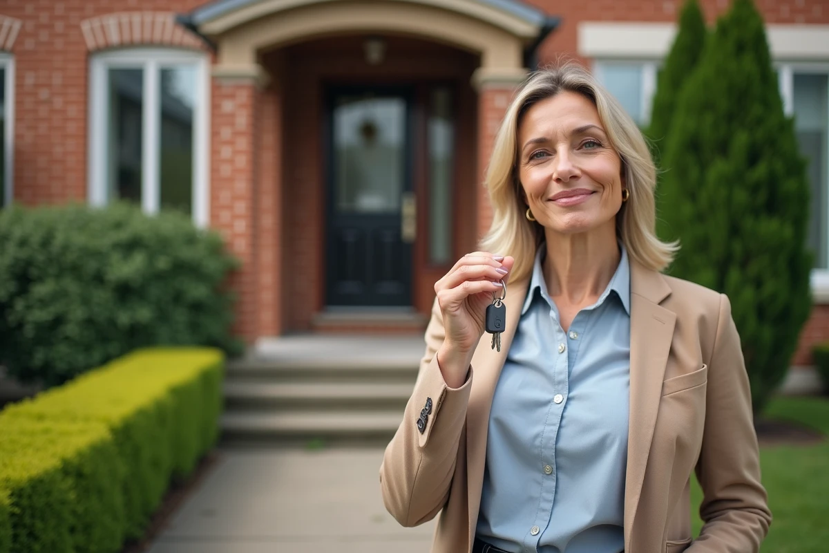 Femme confiante tenant ses clés devant sa maison de banlieue