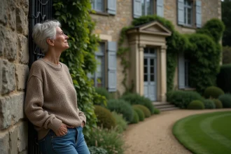 Femme en jean et pull devant un manoir ancien