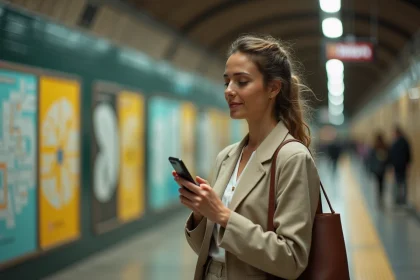 Femme consultant son smartphone dans une station de métro de Barcelone avec signalétique urbaine colorée