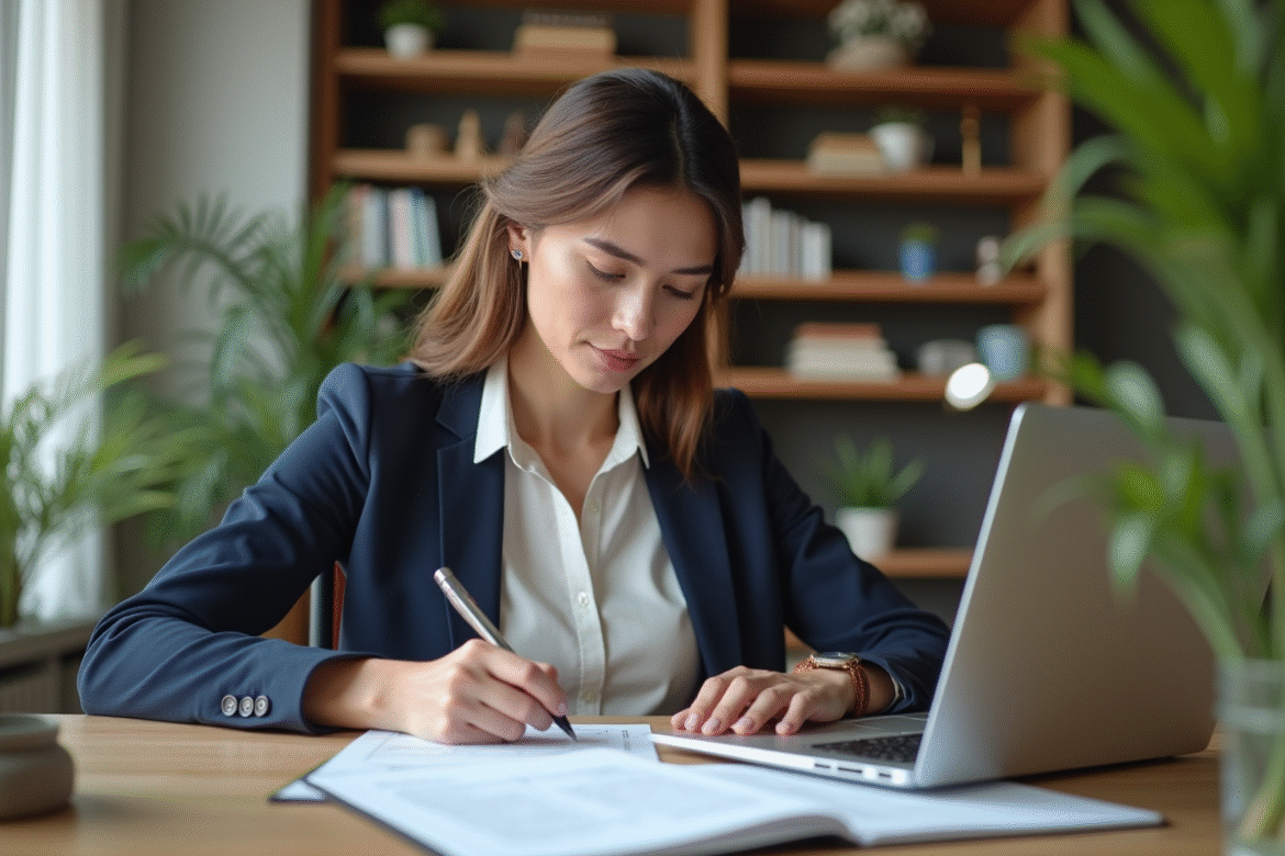 Femme professionnelle organisant documents immobiliers dans un bureau