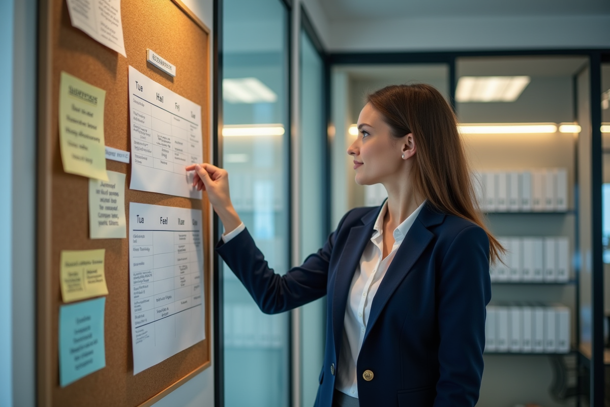 Jeune femme pointant une date sur un calendrier dans un bureau moderne