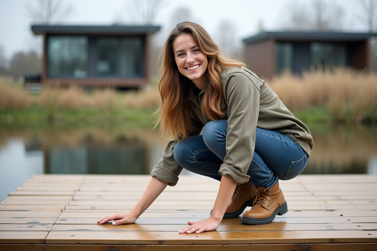 Jeune femme souriante sur plateforme en bois flottante