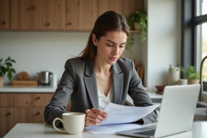 Femme en blazer examinant documents de mortgage dans une cuisine moderne