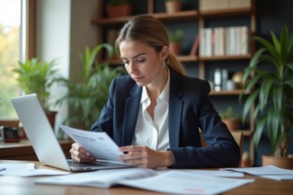 Femme professionnelle examinant un guide LMNP dans un bureau lumineux