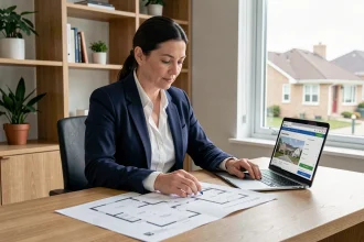 Femme consultant des plans immobiliers et un site web d'aide à la décision pour un projet immobilier en 2026