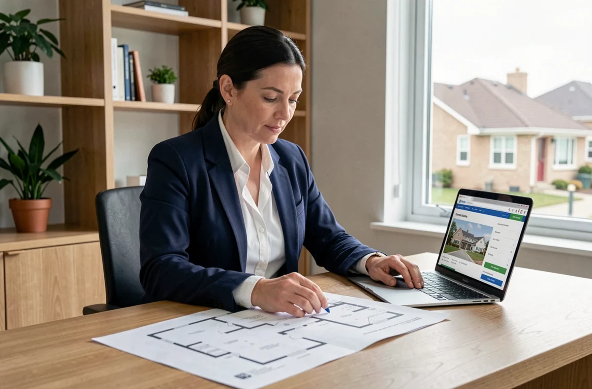 Femme consultant des plans immobiliers et un site web d'aide à la décision pour un projet immobilier en 2026