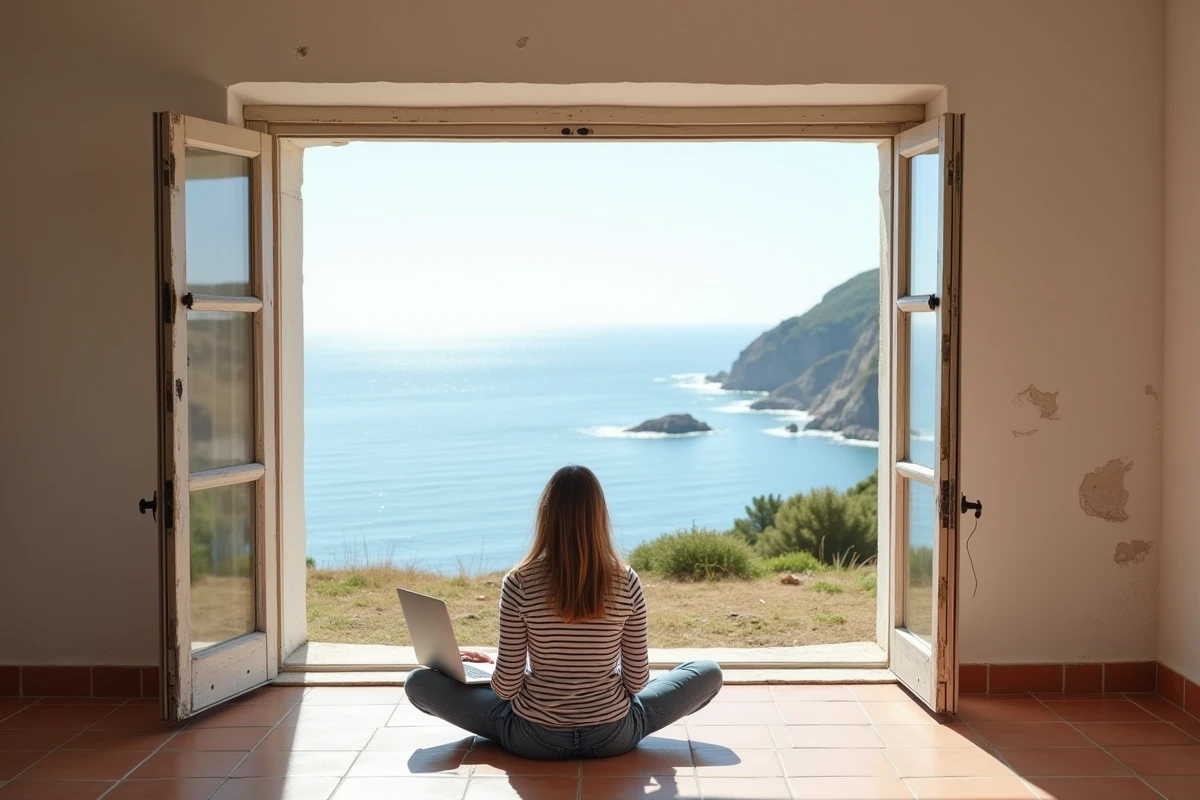 Jeune femme cherchant une maison vue mer abordable sur ordinateur dans un salon vide avec fenêtres ouvertes sur la côte basque
