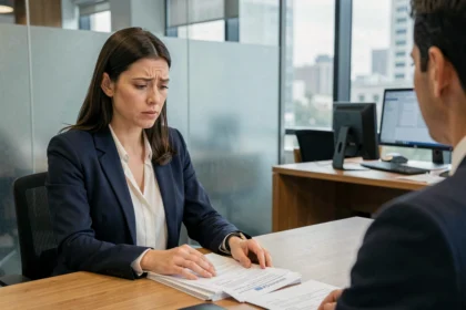 Femme en rendez-vous bancaire examinant un dossier de prêt immobilier de 200 000 euros avec un conseiller