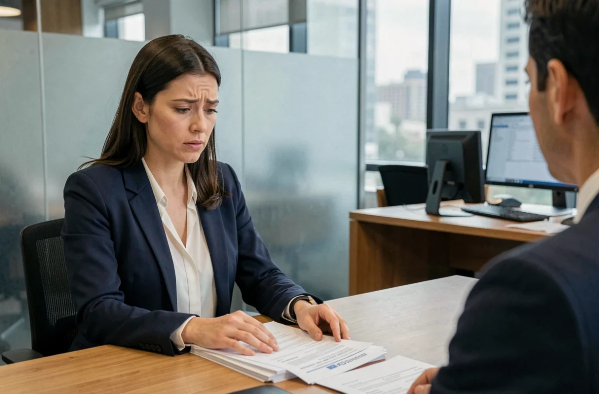 Femme en rendez-vous bancaire examinant un dossier de prêt immobilier de 200 000 euros avec un conseiller