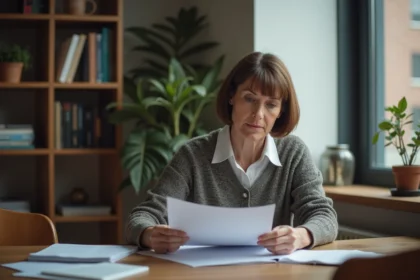 Femme d'âge moyen relisant des papiers dans un appartement cosy