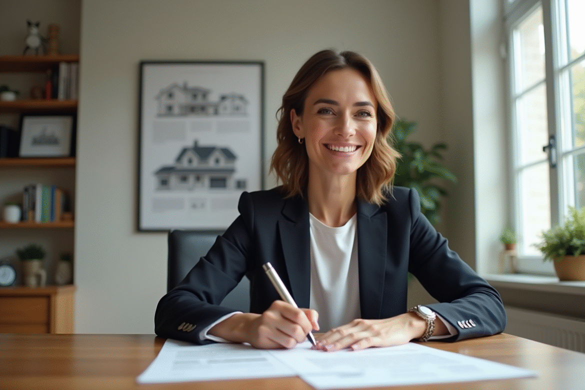 Femme confiante signant des documents immobiliers dans un bureau moderne