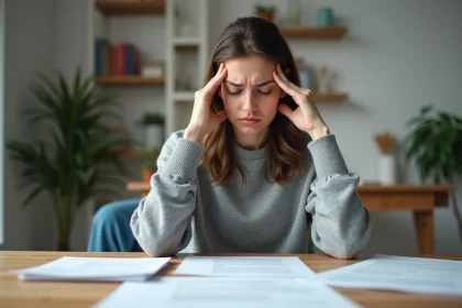 Femme stressée assise à une table avec des documents de préavis de location, illustrant les erreurs fréquentes lors de l'annulation d'un préavis