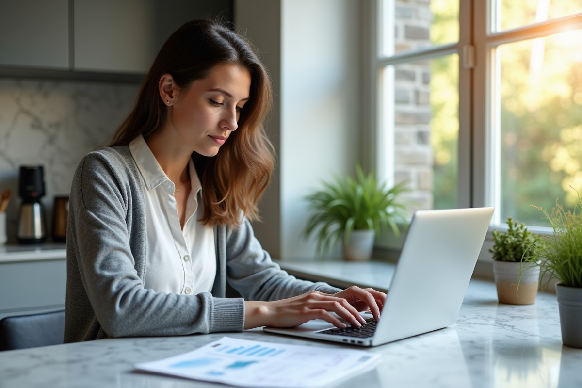 Jeune femme travaillant sur son ordinateur dans la cuisine