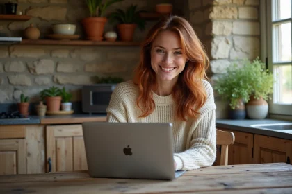 Femme avec ordinateur dans cuisine rustique chaleureuse