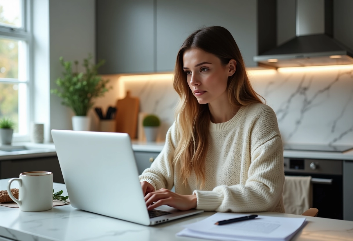 Jeune femme évaluant une propriété sur son ordinateur portable