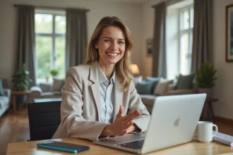 Femme souriante lors d'une visite virtuelle de maison
