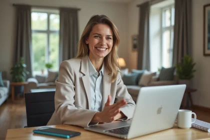 Femme souriante lors d'une visite virtuelle de maison