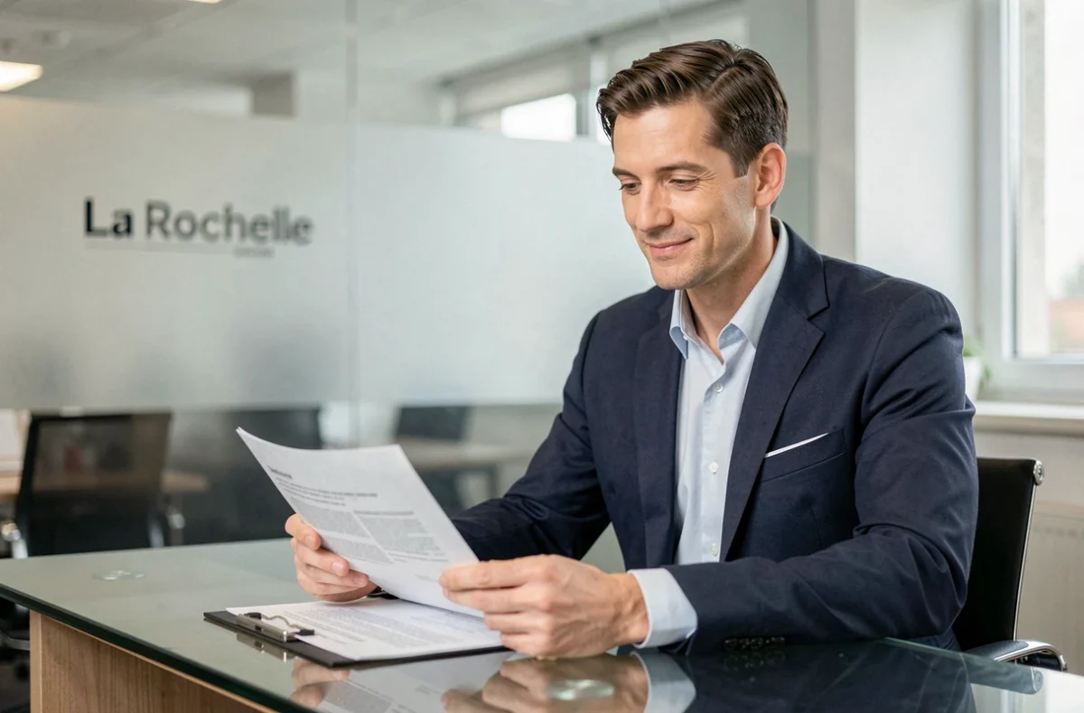 Conseiller financier de Finance Conseil La Rochelle examinant un dossier de prêt immobilier