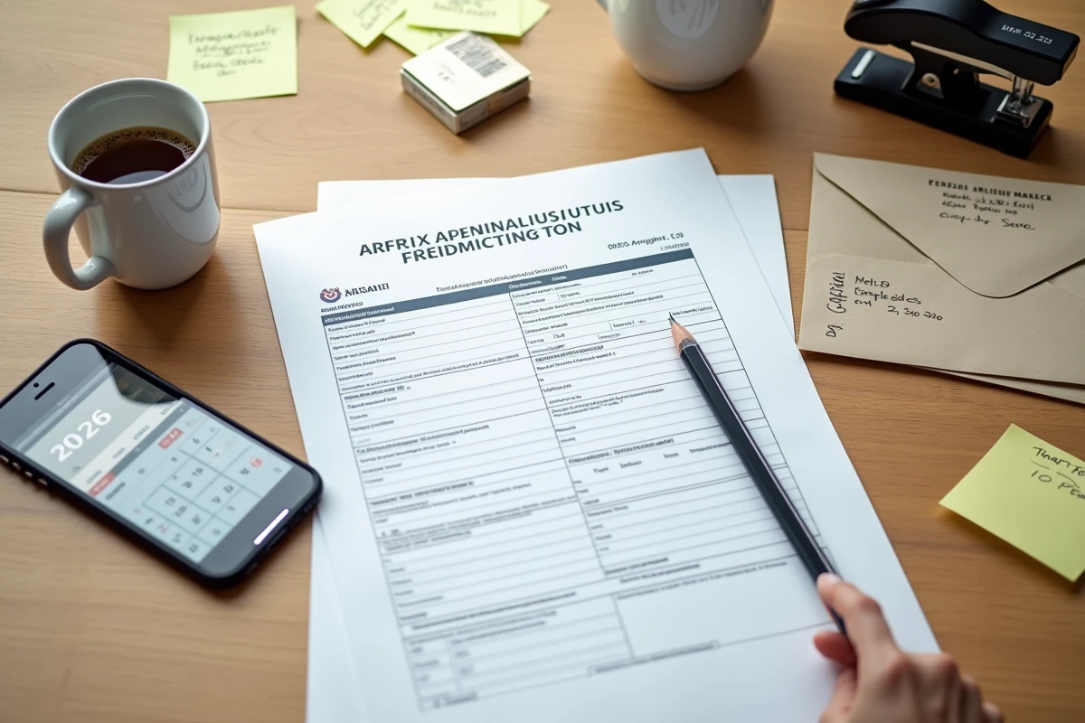 Vue aérienne d'un bureau avec formulaire administratif de déclaration attestant l'achèvement des travaux, stylo, smartphone et courrier à envoyer