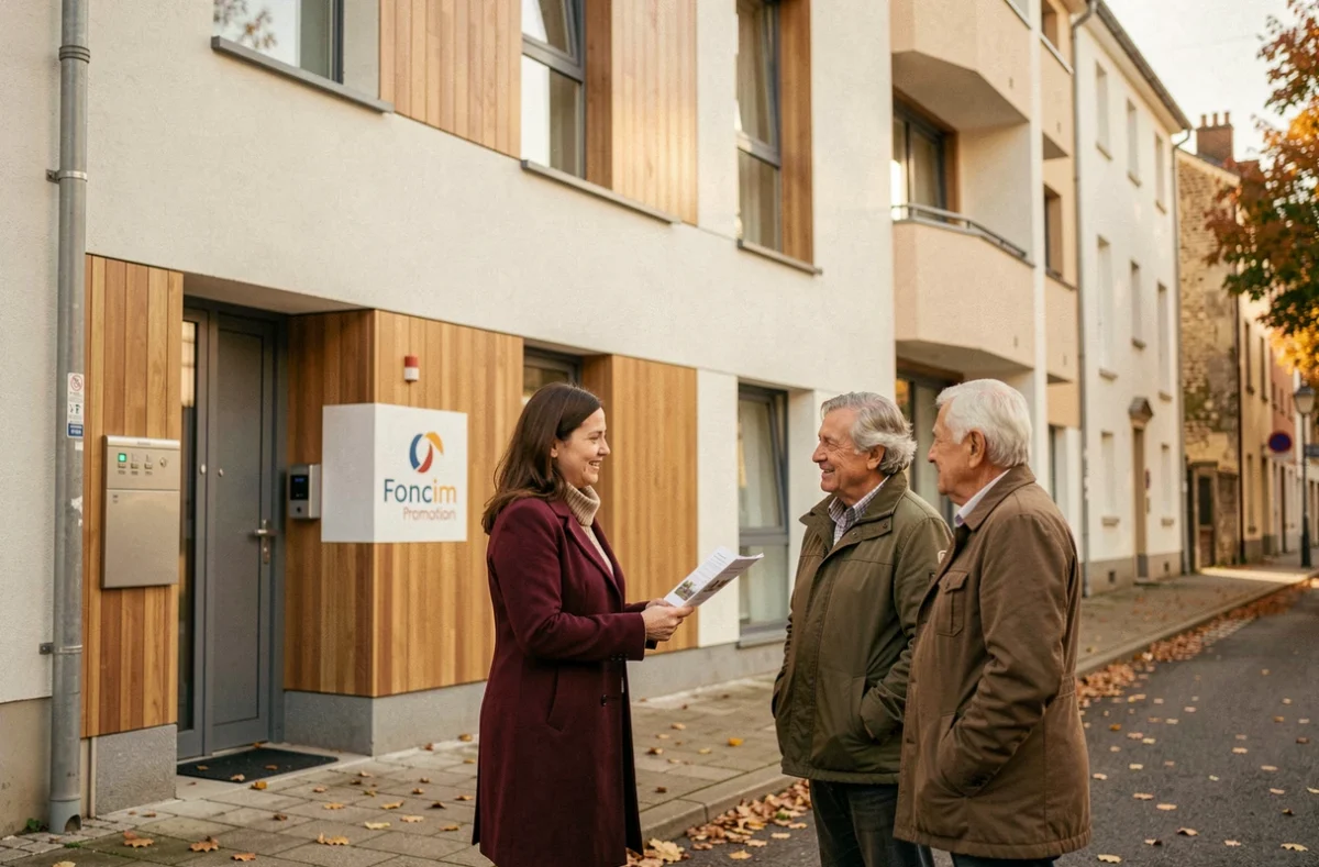 Conseillère Foncim Promotion présentant un immeuble résidentiel neuf dans le Calvados